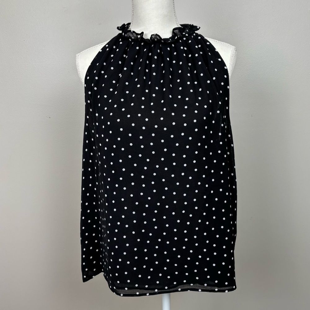 Ann Taylor Factory Top Women Lg Black Sleeveless Ruffle Collar Cut Out Polka Dot